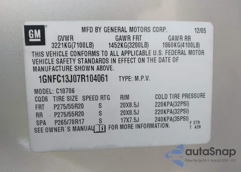 2007 Chevrolet Tahoe Ltz from USA, damaged, VIN 1GNFC13J07R104061